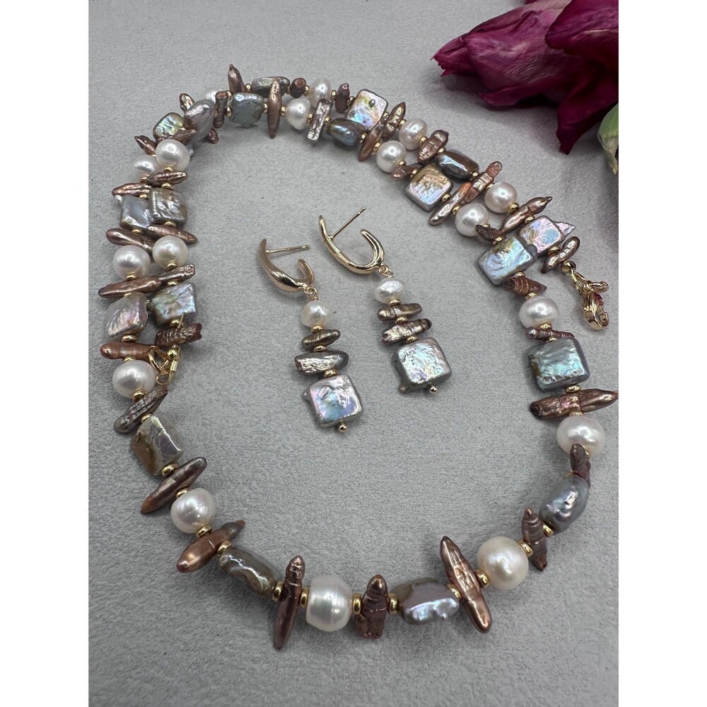 22 Mixed Baroque Pearl Necklace Bracelet Earrings Set Gold Plated